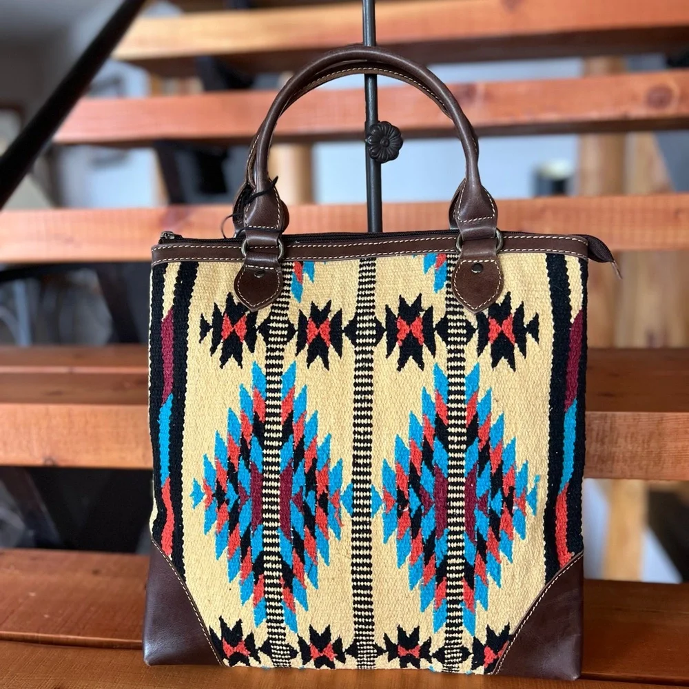 New Myra Bag Woven Rug Leather Tote Handbag Red Yellow Tribal Aztec Western - Picture 3 of 8